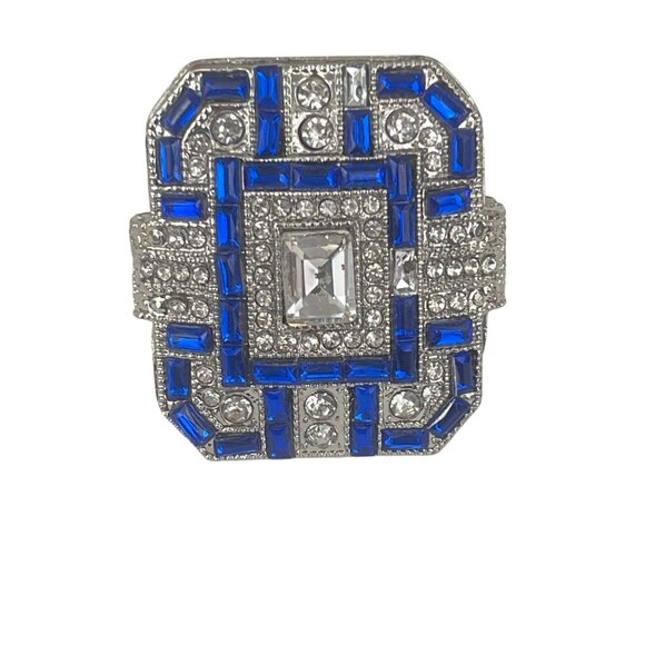Art Deco Style Silver & Blue Statement Ring With Crystal Accents - Picture 8 of 11